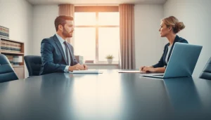 Engaging moment at https://www.turnpikelaw.com, attorney consulting with a client in a modern office.
