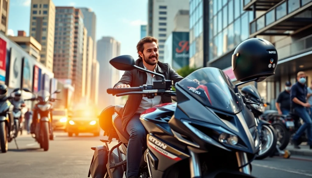 Motorrad verkaufen: Ein Biker verkauft sein Motorrad in der Stadt, umgeben von urbanem Flair.