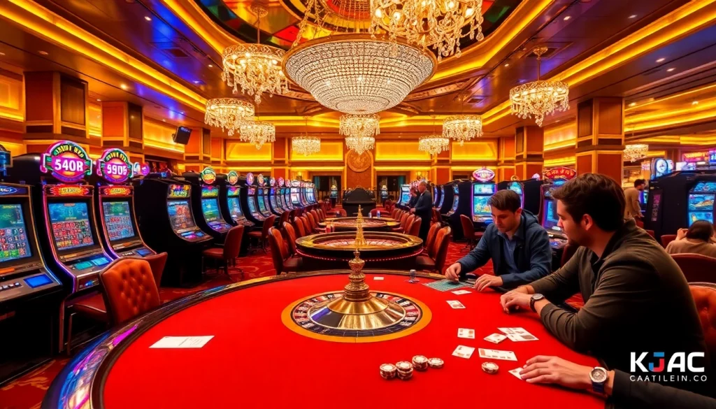 KJC AC showcases an exciting poker tournament atmosphere with players, chips, and vibrant tables.