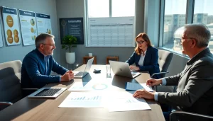 Engaged business owners discussing retirement planning for business owners San Antonio in a modern office.