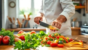 Chef creating delicious dishes at recipesalexarciab.com, highlighting vibrant ingredients and culinary creativity.