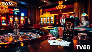 Experience high-stakes action with TV88's online gaming interface featuring roulette, poker, and thrilling slot machines.