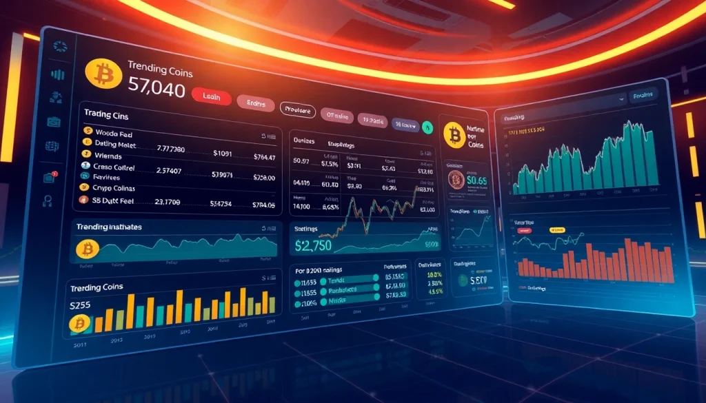 Trending Coins listing displayed on a dynamic cryptocurrency market dashboard with vibrant graphs.