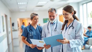 Enhancing Health: Professional healthcare workers discussing important data in a modern clinic.