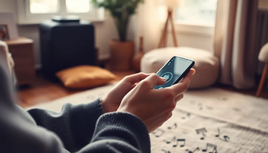 Discover MP3 download options while exploring a cozy atmosphere with a smartphone user.
