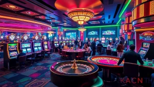 Experience the vibrant gambling world of KJC AC 1 with players enjoying casino tables and slot machines.