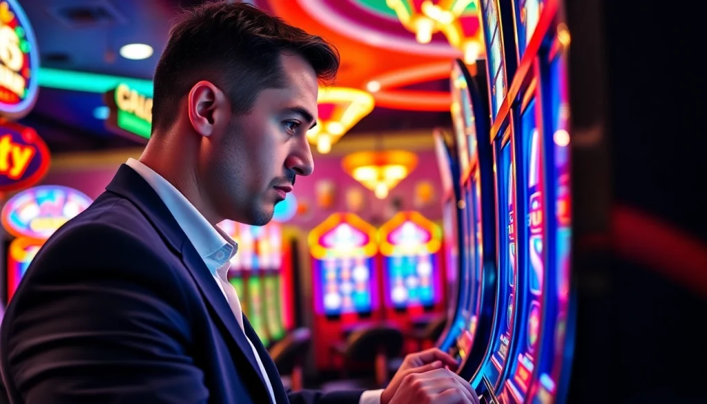 Menang besar di mesin slot gacor dengan fokus tinggi dan suasana kasino yang cerah.