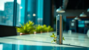 Admiring a stylish jeeter juice pen with modern design on a reflective surface.