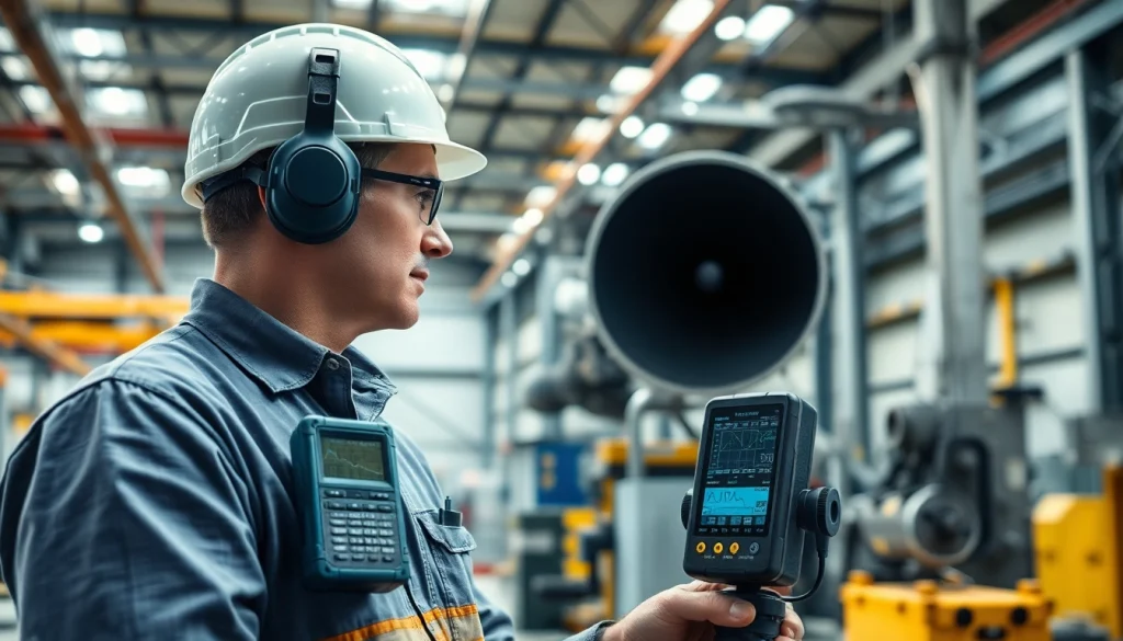 Conducting a noise assessment survey to measure industrial sound levels accurately.