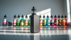 Das attraktive Vape ohne nikotin in stilvollem Design mit bunten E-Liquids im Hintergrund.