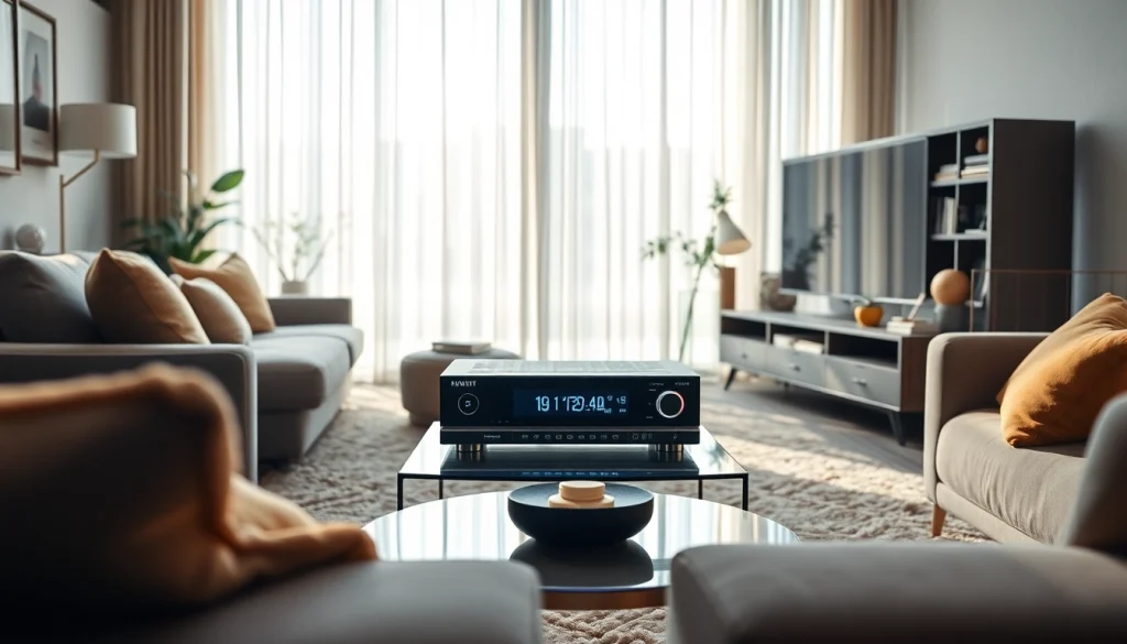 Bekijk de stijlvolle IPTV ontvanger van https://satdeal.nl in een moderne woonkamer setting.