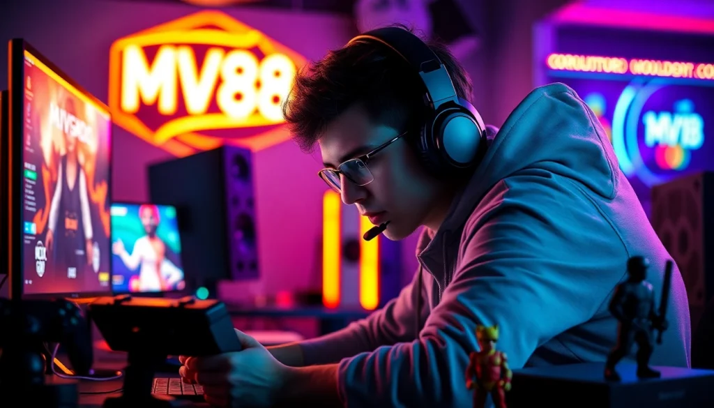 Play the MV88 game with an intense focus from a professional gamer in a vibrant setup.