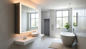 Stilvoller spiegelschrank mit led Beleuchtung im modernen Badezimmer präsentieren