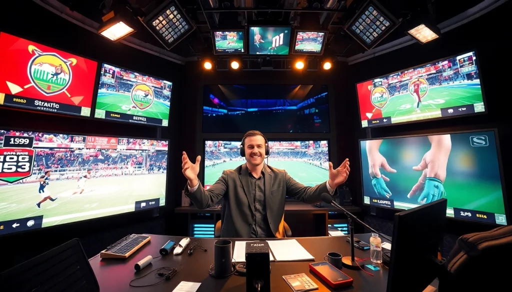스포츠중계 전용 스튜디오에서 생생한 방송을 하는 모습