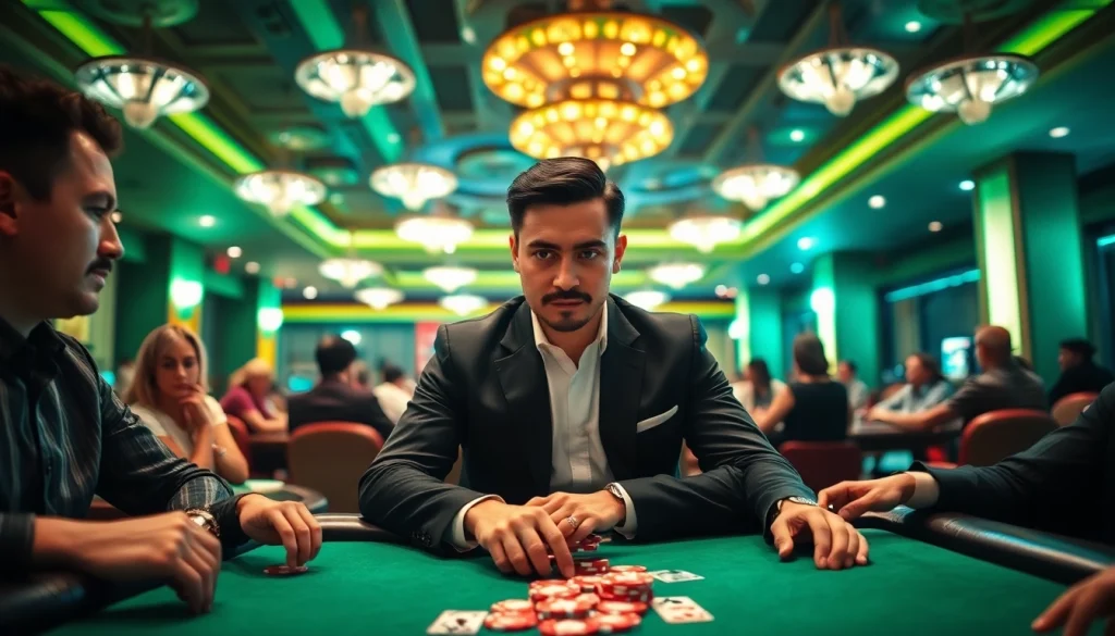 RR88 poker player competes confidently at a casino table, showcasing game intensity.