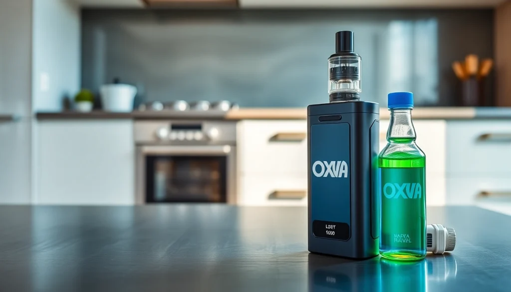 Oxva Liquid in an elegant setting beside a stylish vape device, highlighting quality and flavor.