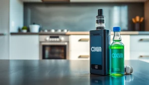 Oxva Liquid in an elegant setting beside a stylish vape device, highlighting quality and flavor.