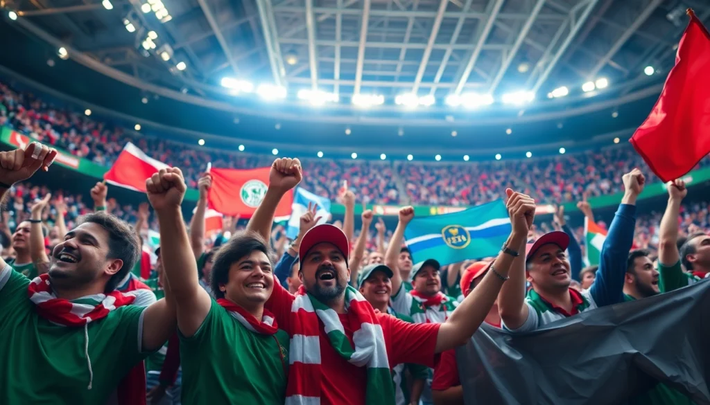 Engaged fans at a Koora live sports event, showcasing excitement and team spirit.