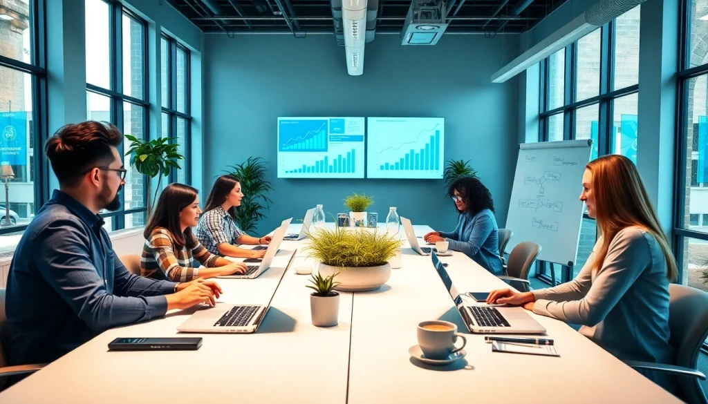 Collaborative team at https://wpedition.com in a modern office focusing on digital marketing strategies.