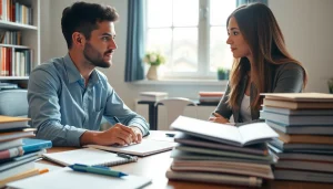 Îndrumare academică la https://lucrari-licenta.net, profesor și student concentrându-se asupra lucrării.