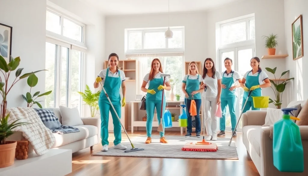 Showcasing a cleaning service team transforming a home into a pristine environment.