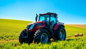 Operating the AF88 tractor efficiently in a vibrant farm setting among green fields.