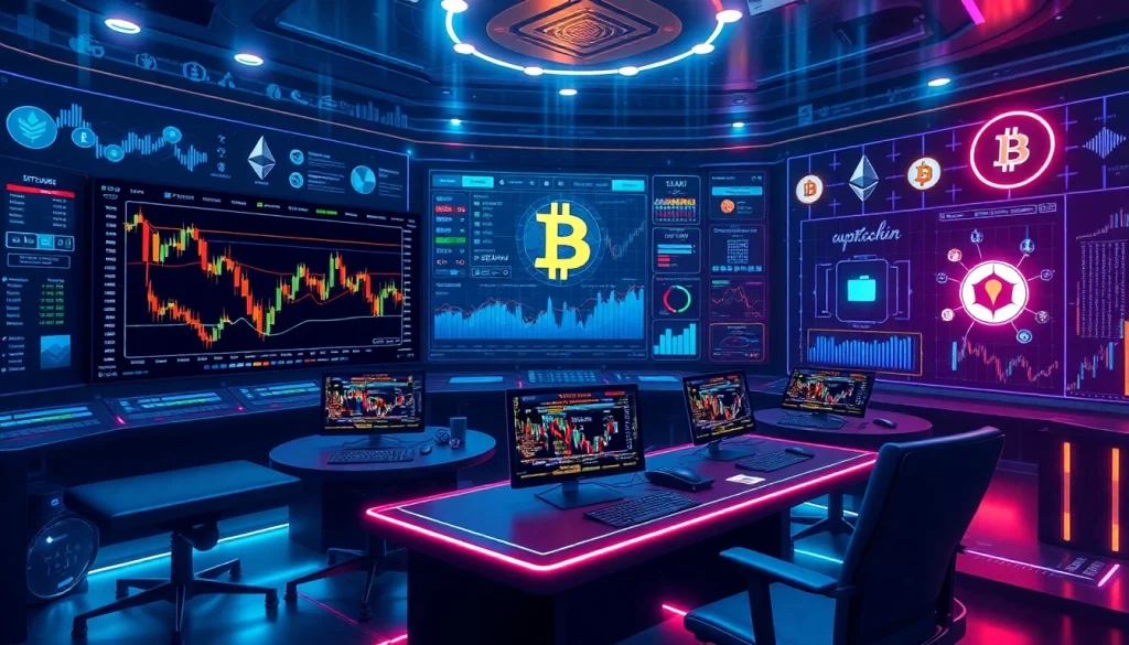 Środowisko handlu Bitcoina z zaawansowanymi wizualizacjami blockchain i portfelami cyfrowymi, podkreślające bezpieczeństwo i innowacje.