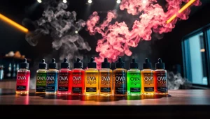 Oxva Liquid in stylish bottles displayed on a modern counter with vibrant vapor clouds.