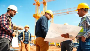 Engaged New Jersey Commercial General Contractor team reviewing blueprints at a construction site.
