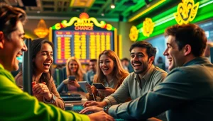 Menggambarkan pemain sayaptogel yang antusias dalam suasana taruhan digital yang penuh warna.