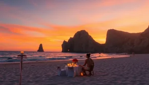 Experience Cabo Travel & Tourism with a romantic beach dinner under a vibrant sunset.