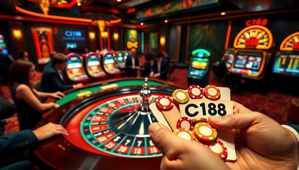 Experience the thrill of C168 gambling at a vibrant casino with players at roulette and slot machines.