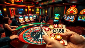 Experience the thrill of C168 gambling at a vibrant casino with players at roulette and slot machines.