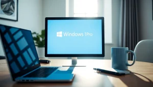 Showcasing a Windows 11 Pro Key on a digital display in a modern workspace.