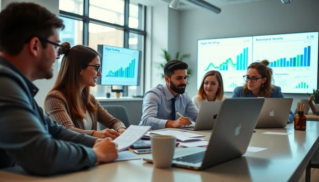 Team collaborating on marketing strategies at https://u888com.biz/ in a modern office setting.