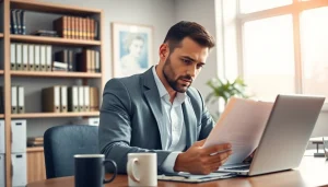 South Dakota car accident lawyer reviewing case files in a bright professional office.