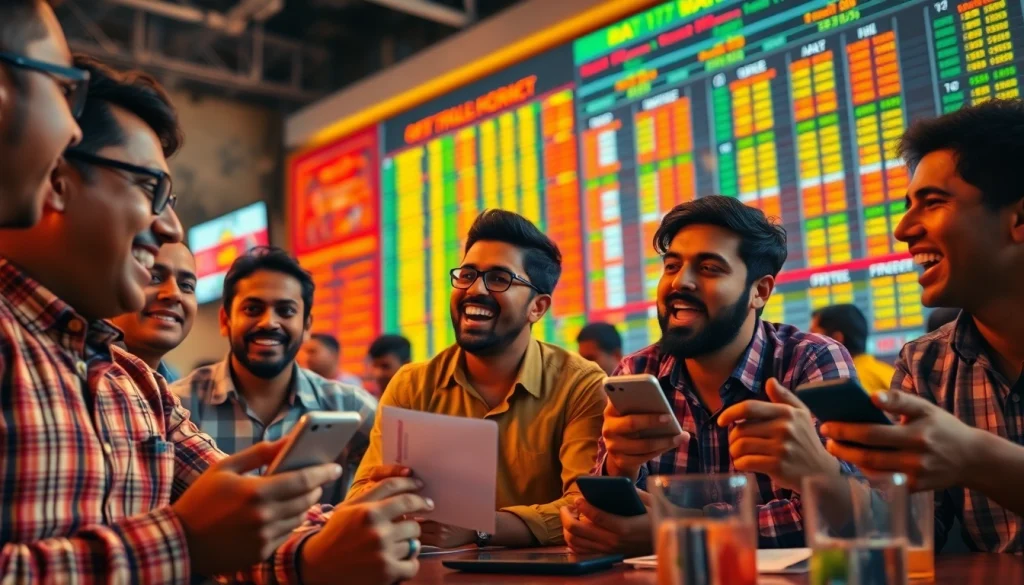Engaging scene of sports betting in India showcasing excited bettors and vibrant betting boards.