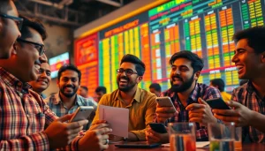 Engaging scene of sports betting in India showcasing excited bettors and vibrant betting boards.