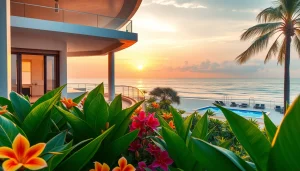 Pattaya property featured in a stunning sunset view with lush landscaping and modern design.