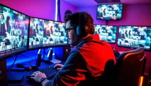 Engaging streamer editing clips on https://streamgen.cc, with vibrant screens and a modern setup.