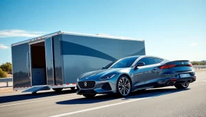 Secure enclosed auto transport showcasing a luxury vehicle in a modern trailer, emphasizing safety and style.