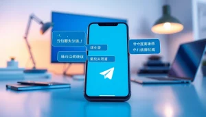 Engaging scene showcasing Telegram中文版 app on a smartphone in a modern workspace, emphasizing communication.
