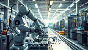 Injection robot assembling components with precision in a modern factory setting.