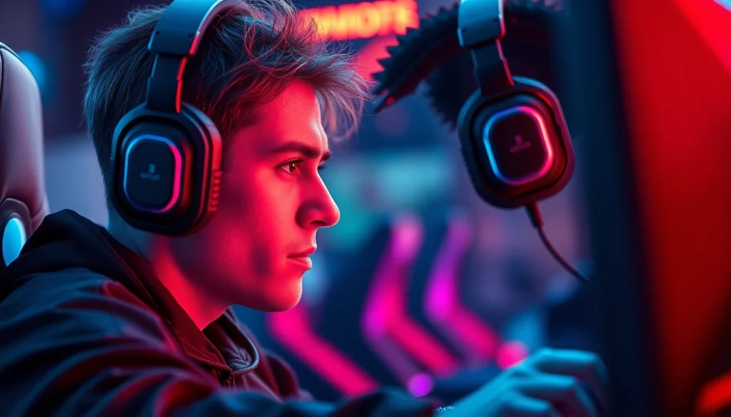 New88 gamer intensely competing in a dynamic gaming setup filled with vibrant neon lights.