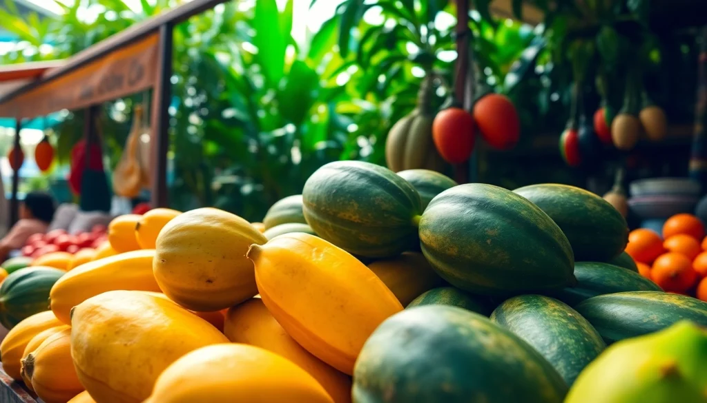 suletoto segar dipamerkan di pasar tropis dengan warna cerah dan menarik.