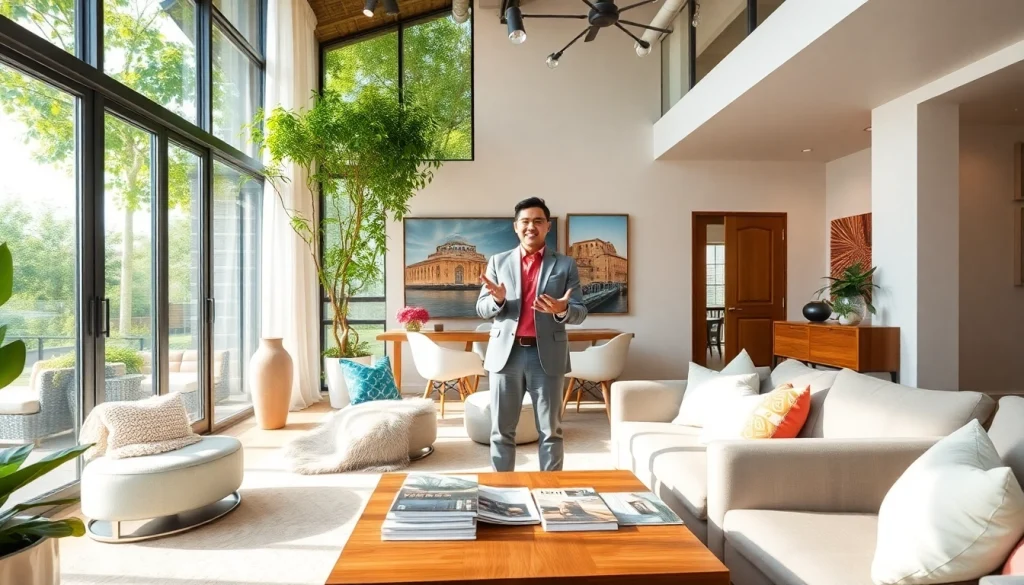 Engaging real estate agent showcasing a stunning urban property in a bright living room.
