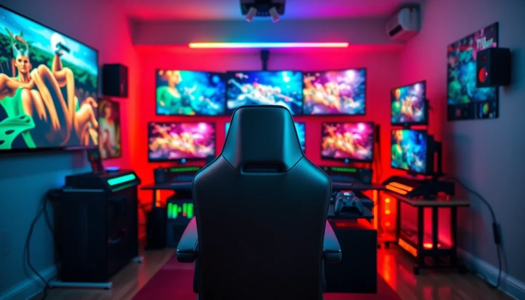 Melihat lapak303 daftar game dalam suasana gaming yang energik dengan peralatan modern.