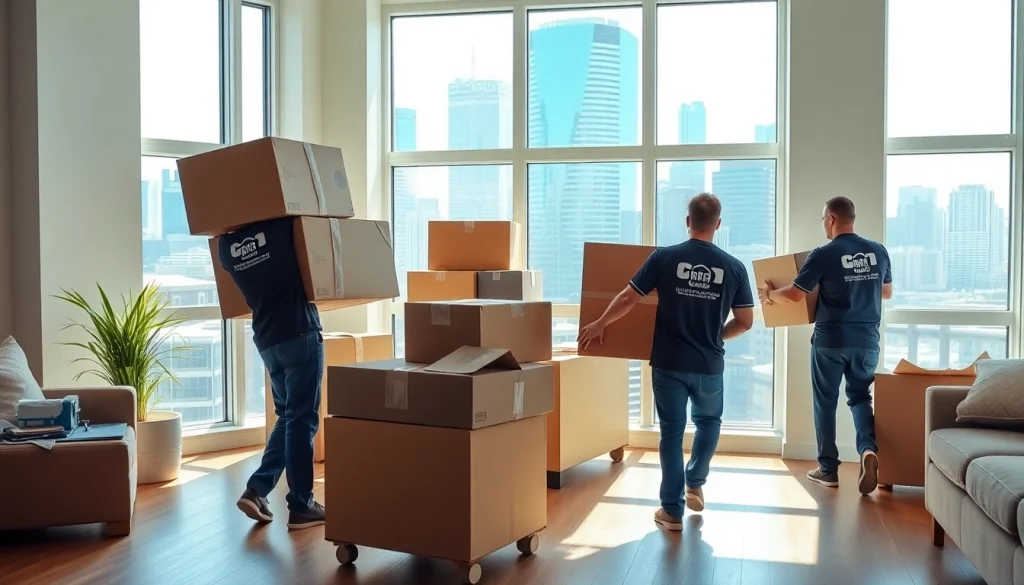 Efficient movers providing Toronto moving services while navigating a downtown apartment.