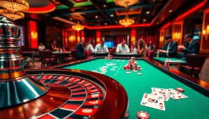 Experience the excitement of xx88.com with players enjoying roulette and poker in a vibrant casino.