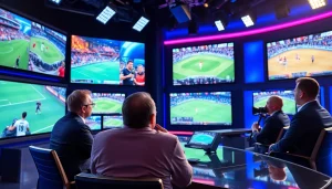 스포츠중계를 위한 활기찬 스튜디오와 해설자들의 모습
